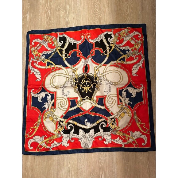 Art Of The Scarf Tie Rack 30” X 30” Square Scarf Red Navy Black Made In Italy - Picture 2 of 4